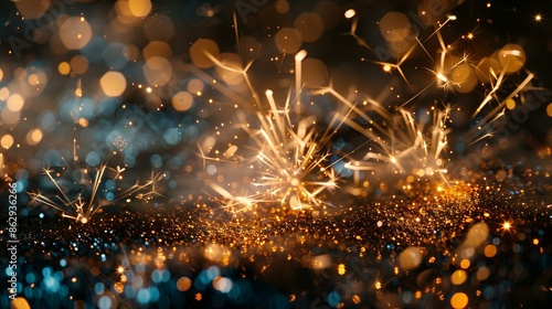 Golden and blue sparkles with glowing bokeh lights creating a festive, magical atmosphere.