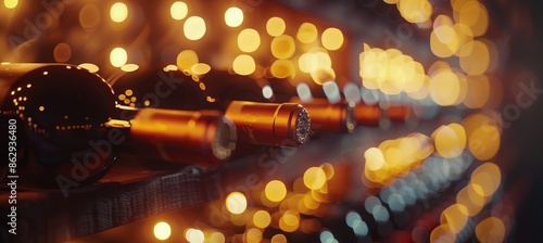 Wine Bottles in a Dark Cellar With Bokeh Lights