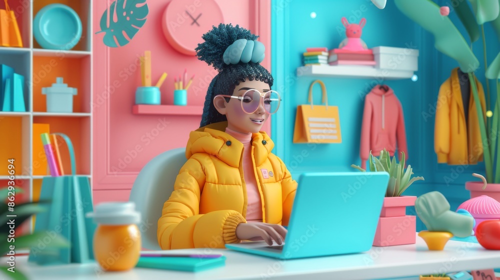 Smiling Girl Using Laptop in a Playful Room Smiling Girl Using Laptop in a Playful Room