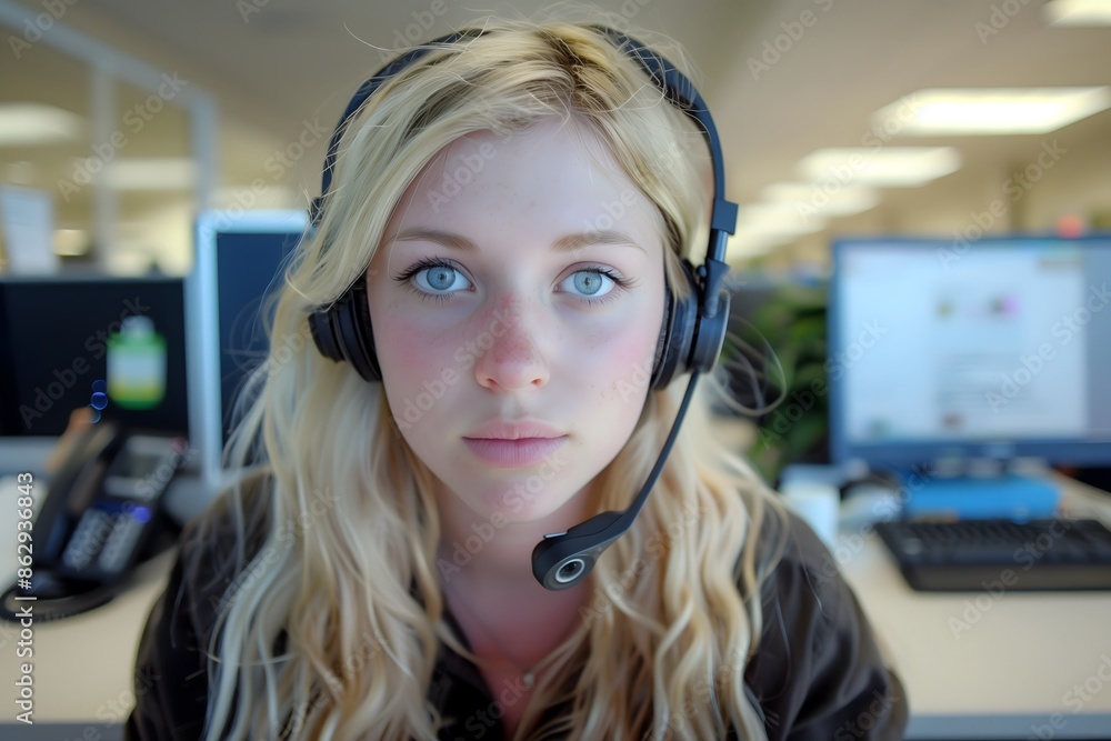 blonde woman blue eyes wearing headphones sitting at office desk, looking into camera Tech Professional Calling Concept
blonde woman blue eyes wearing headphones sitting at office desk, looking into camera Tech Professional Calling Concept