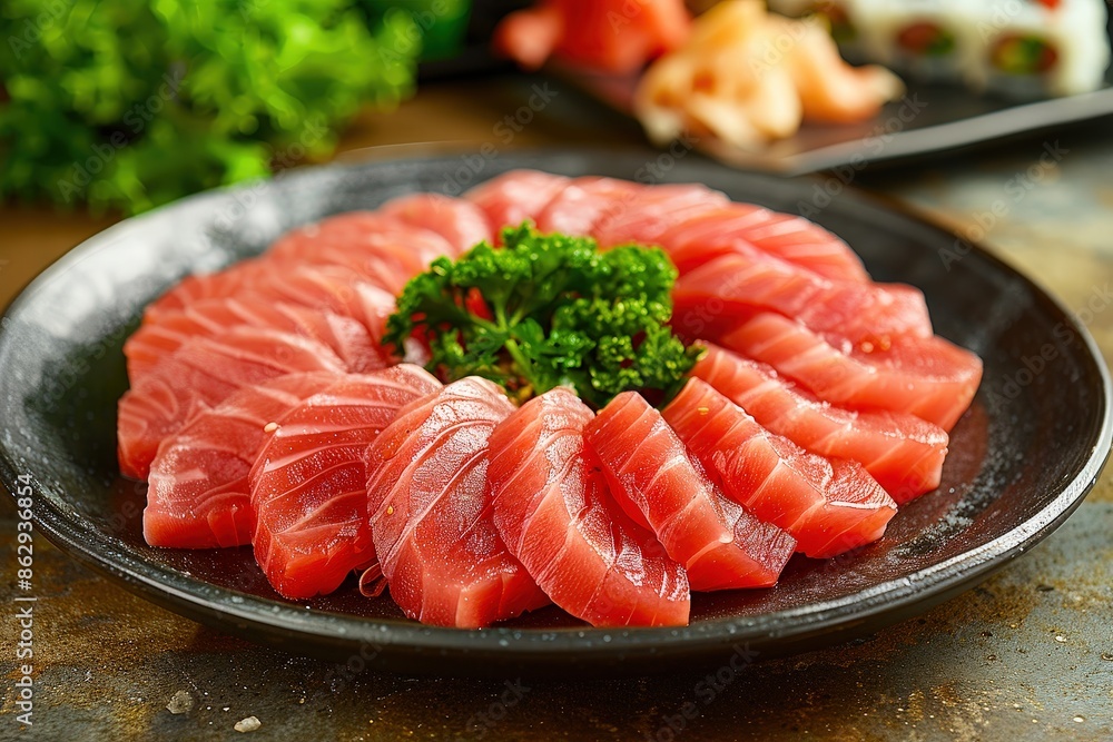 Sashimi, fresh tuna slices on a plate with coral in a Japanese restaurant, healthy food concept Sashimi, fresh tuna slices on a plate with coral in a Japanese restaurant, healthy food concept