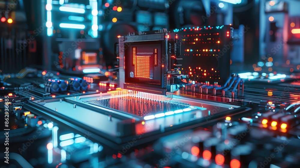 Close-up view of a futuristic microchip with glowing circuits on a circuit board, showcasing advanced technology and innovation. Close-up view of a futuristic microchip with glowing circuits on a circuit board, showcasing advanced technology and innovation.