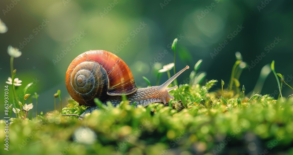 Snail Crawling On Mossy Ground In A Lush Green Forest Snail Crawling On Mossy Ground In A Lush Green Forest