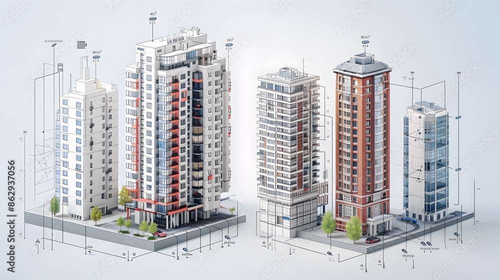 A city skyline with a variety of buildings, including a tall one with a yellow roof. The buildings are arranged in a row, with some taller than others. Scene is one of urban life and the hustle A city skyline with a variety of buildings, including a tall one with a yellow roof. The buildings are arranged in a row, with some taller than others. Scene is one of urban life and the hustle