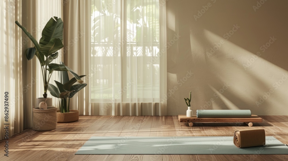 Indoor setup with exercise mat and yoga block for text placement Indoor setup with exercise mat and yoga block for text placement