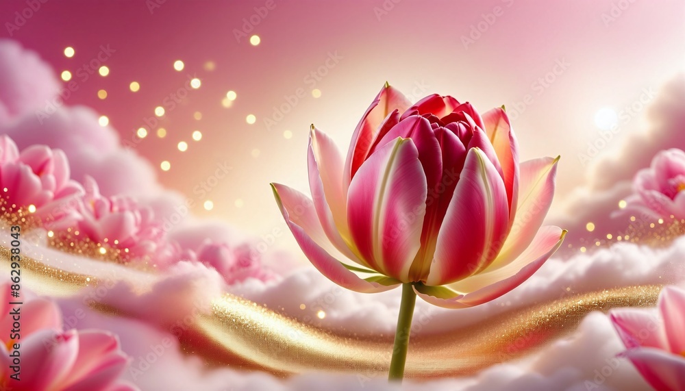 Fototapeta premium Pink Lotus Flower Surrounded by Pink Clouds and Golden Particles - Luxury Background
