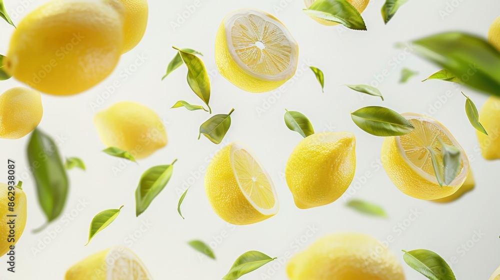Lemons and Leaves Floating in Mid-Air Lemons and Leaves Floating in Mid-Air