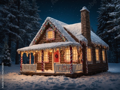 Charming log cabin decorated for christmas stands illuminated in snowy forest. Cabin adorned with candy cane pillars, string lights, festive wreaths. Snow covers roof, ground.
