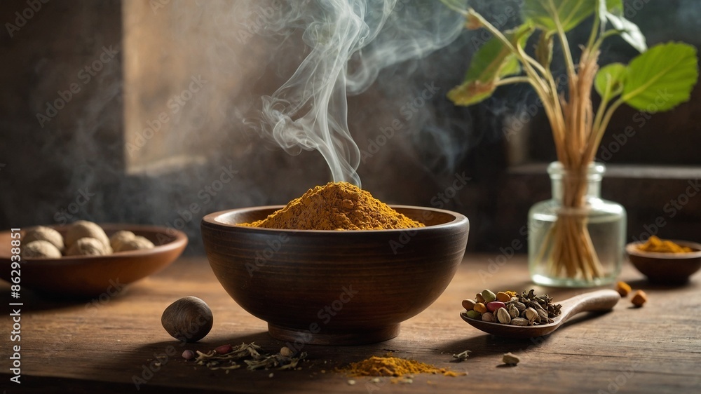 Wooden bowl filled with steaming, aromatic spices sits on rustic wooden table, creating warm, inviting atmosphere. Surrounding bowl various other spices, herbs, including whole nutmeg. Wooden bowl filled with steaming, aromatic spices sits on rustic wooden table, creating warm, inviting atmosphere. Surrounding bowl various other spices, herbs, including whole nutmeg.