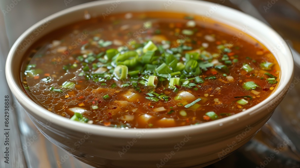 A bowl of hearty vegetable soup garnished with fresh green onions sitting on a rustic wooden table. A bowl of hearty vegetable soup garnished with fresh green onions sitting on a rustic wooden table.