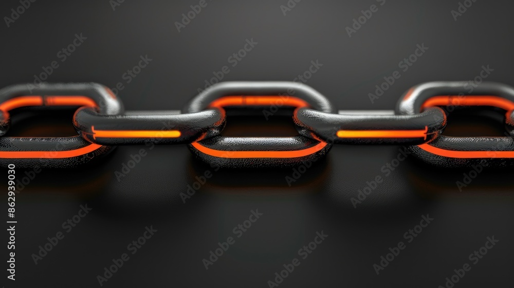 Chain in grey with orange link on black background Chain in grey with orange link on black background
