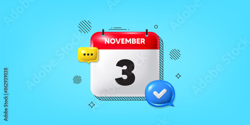 Calendar date of November 3d icon. 3rd day of the month icon. Event schedule date. Meeting appointment time. 3rd day of November. Calendar month date banner. Day or Monthly page. Vector