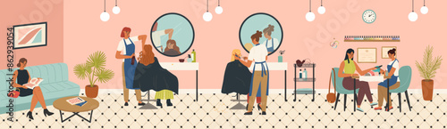 Hairdresser salon vector illustration with hairstylists and clients