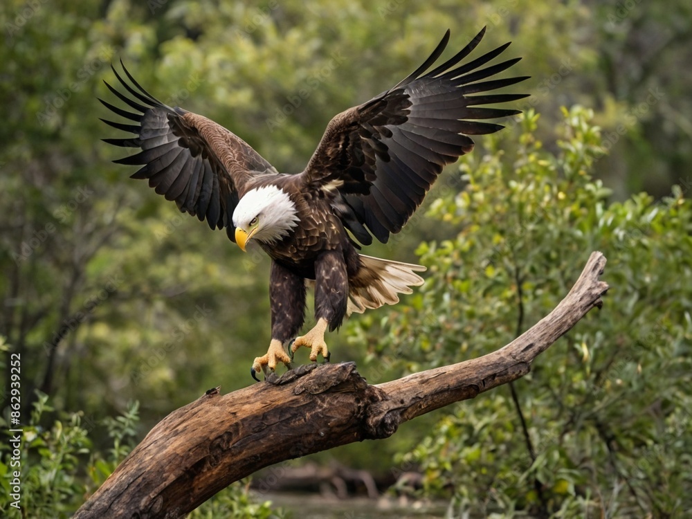 Fototapeta premium An adult bald eagle (Haliaeetus leucocephalus) taking flight from a twigs