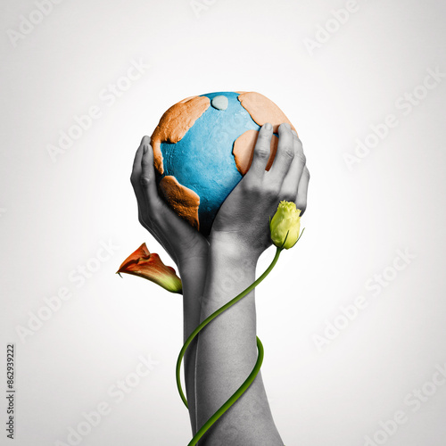 Two hands hold the planet Earth. Art collage.