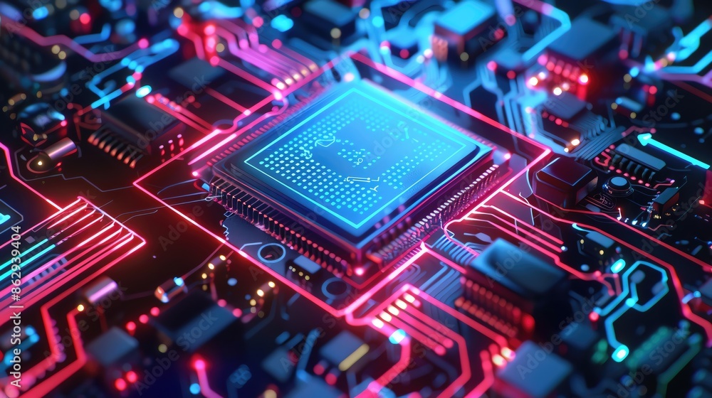 Futuristic circuit board close-up with glowing blue and red lights, showing the detailed and intricate design of modern technology. Futuristic circuit board close-up with glowing blue and red lights, showing the detailed and intricate design of modern technology.