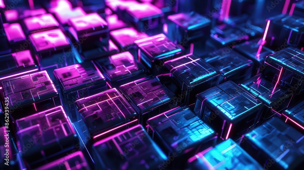 abstract 3d background with glowing neon blue and purple cubes futuristic digital art illustration abstract 3d background with glowing neon blue and purple cubes futuristic digital art illustration
