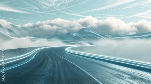abstract 3d rendering of road with lines and clouds in surreal highway landscape photo