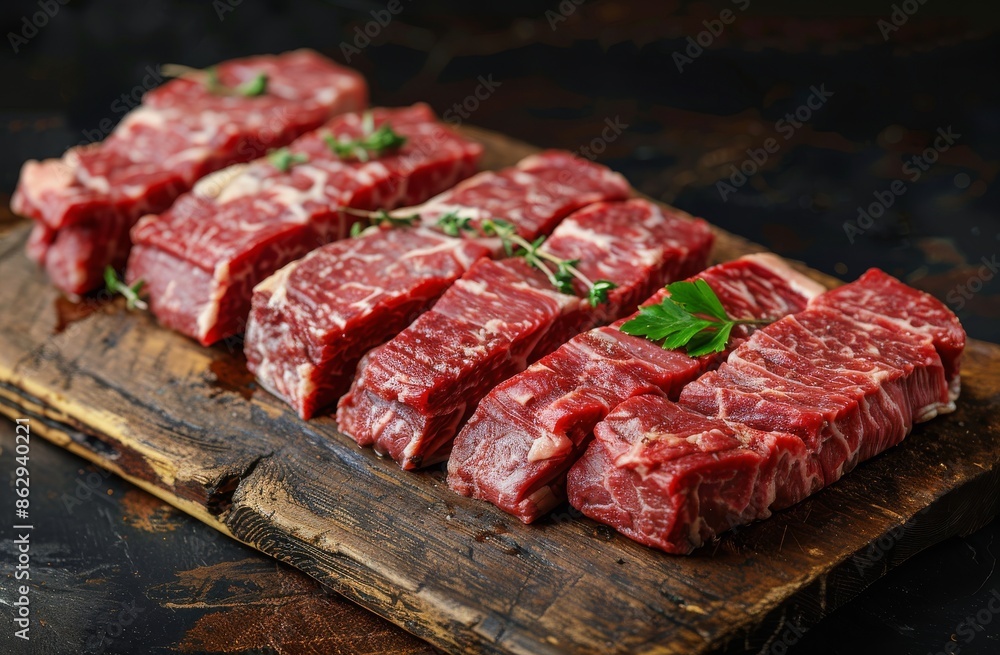 Steaming Fresh Raw Beef Steaks on Rustic Wooden Cutting Board With Rosemary and Peppercorns Steaming Fresh Raw Beef Steaks on Rustic Wooden Cutting Board With Rosemary and Peppercorns
