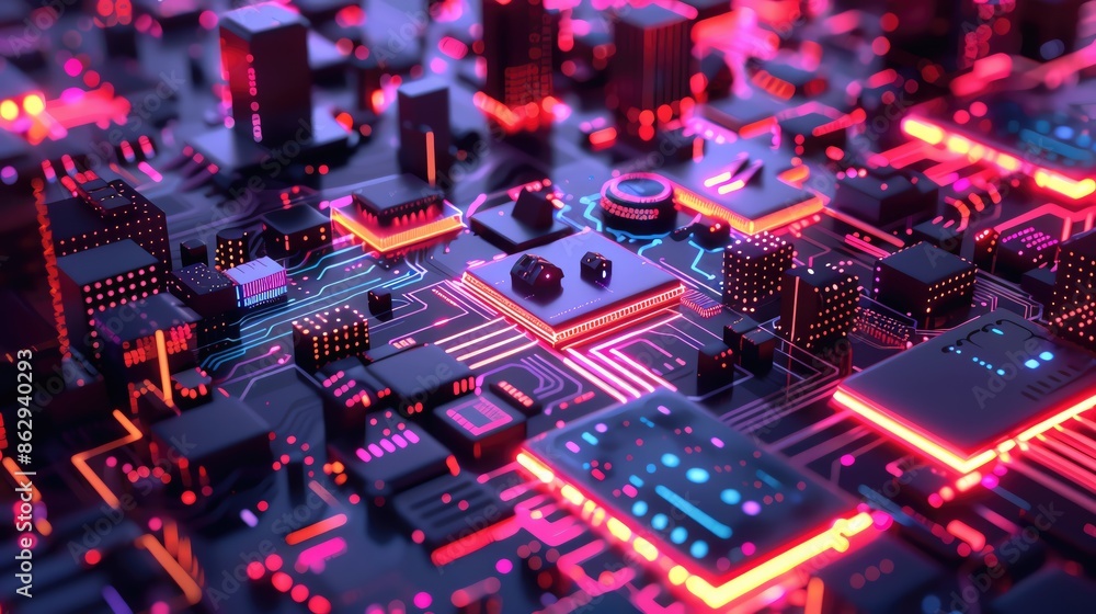 Close-up view of a futuristic circuit board with glowing neon lights in red and purple hues, showcasing advanced technology components. Close-up view of a futuristic circuit board with glowing neon lights in red and purple hues, showcasing advanced technology components.