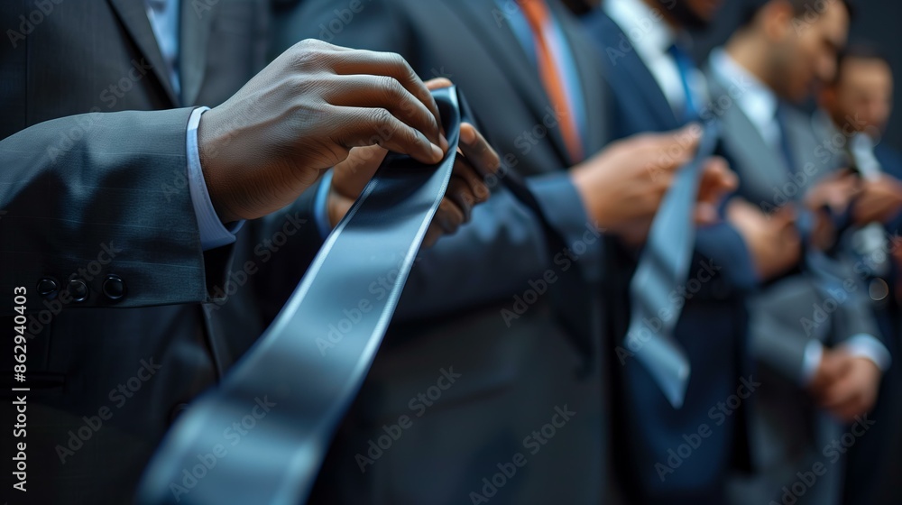 Fototapeta premium Close-up of businessmen adjusting their ties, showcasing professionalism and attention to detail in a corporate setting.
