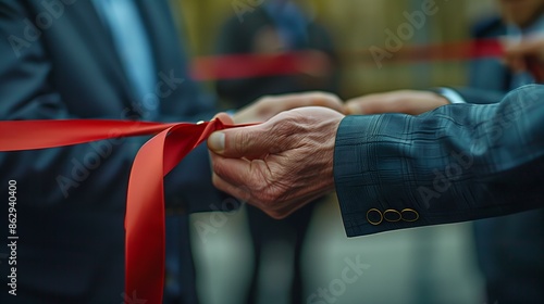 Close-up of two individuals cutting a red ribbon at a ceremonial event, signifying an important milestone or grand opening. photo