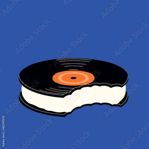Vinyl record representing cake with milky taste again bright blue background. Sweet bite. Creative vector illustration. Concept of music, retro style, creativity, pop art, food, enjoyment, surrealism