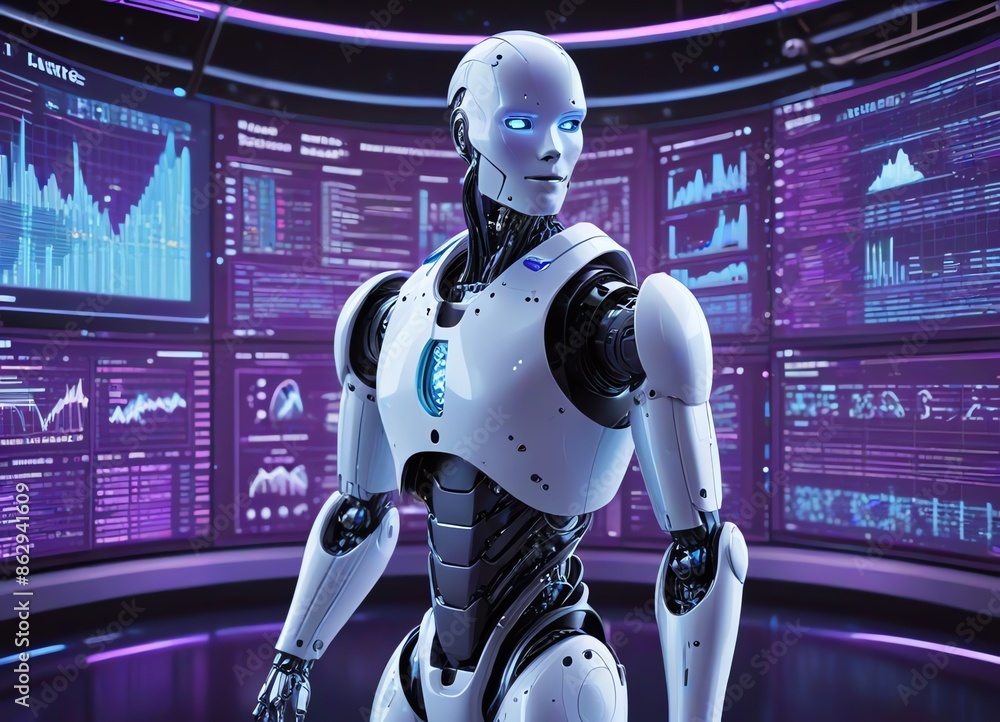A futuristic illustration of a humanoid robot interacting with data and graphs A futuristic illustration of a humanoid robot interacting with data and graphs