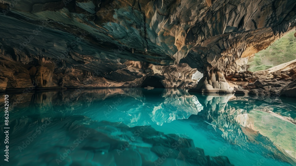 Serene Beauty: Turquoise Waters Reflecting Cave Formations Serene Beauty: Turquoise Waters Reflecting Cave Formations