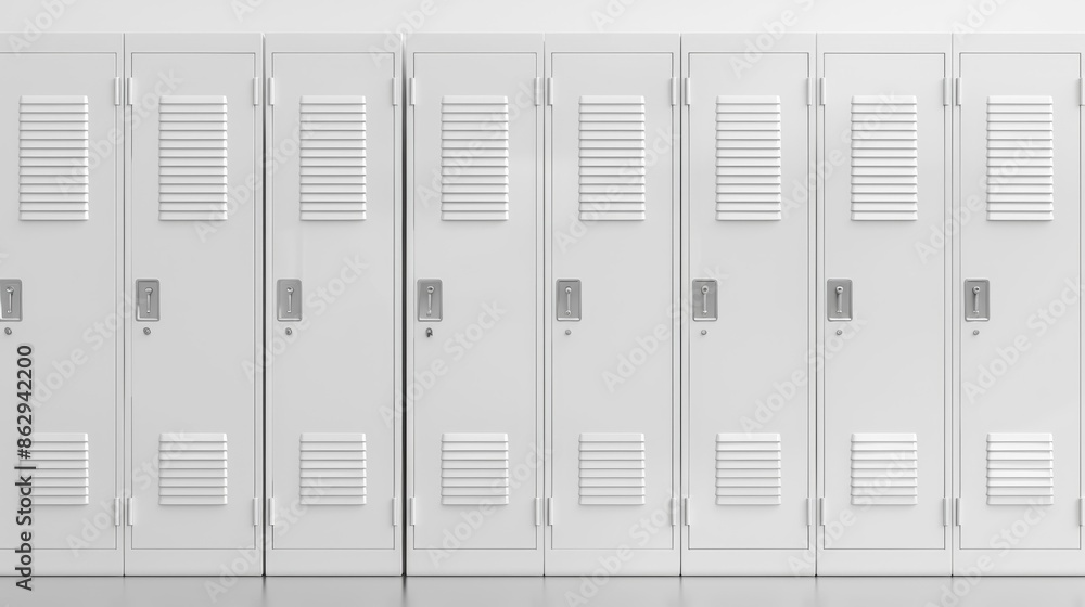 Row of White Lockers with Ventilation Panels, Generative AI Row of White Lockers with Ventilation Panels, Generative AI