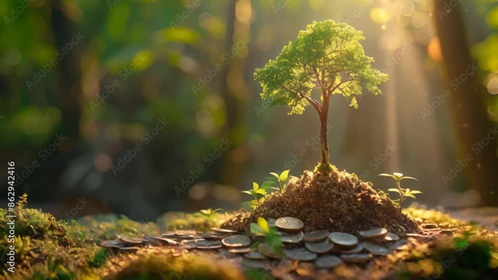 A young tree flourishing atop a mound of coins, bathed in golden sunlight, symbolizing the synergy between financial investment and natural growth. A young tree flourishing atop a mound of coins, bathed in golden sunlight, symbolizing the synergy between financial investment and natural growth.