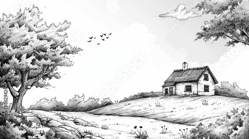 Wallpaper Mural Black and white digital drawing of a rural landscape with a house and a tree. Torontodigital.ca