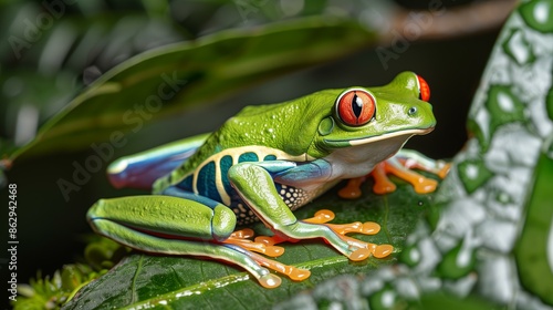 Close-up of a colorful red-eyed tree frog sitting on a green leaf in its natural rainforest habitat.