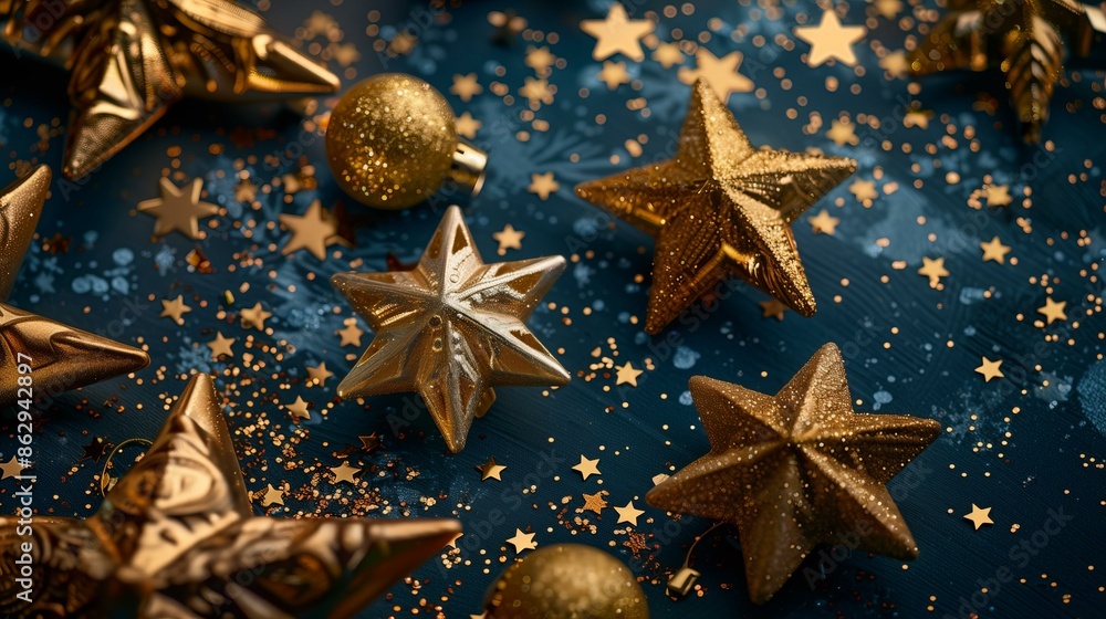 Golden Christmas ornaments and stars on a dark blue background, creating a festive holiday atmosphere. Golden Christmas ornaments and stars on a dark blue background, creating a festive holiday atmosphere.