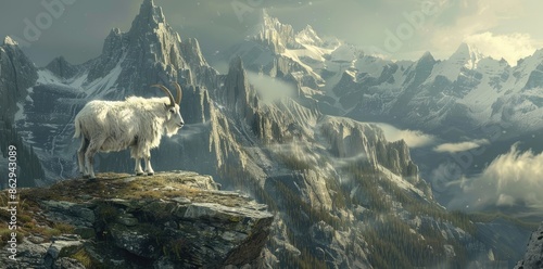 Mountain White Goat Standing Alone on Rocky Ledge, To provide an exciting and nature enthusiasts