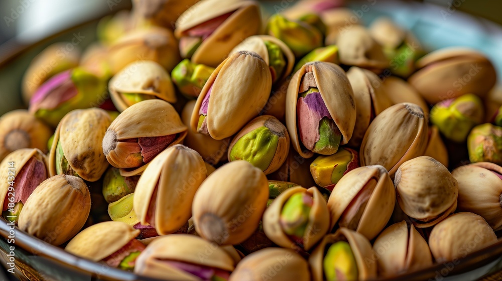Close-up of a bowl filled with ripe, opened pistachios showcasing their vibrant green and purple kernels. Close-up of a bowl filled with ripe, opened pistachios showcasing their vibrant green and purple kernels.