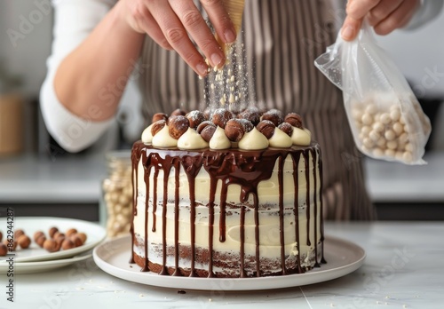 A Baker Drizzles Chocolate Ganache Over a White Cake Decorated With Chocolate...