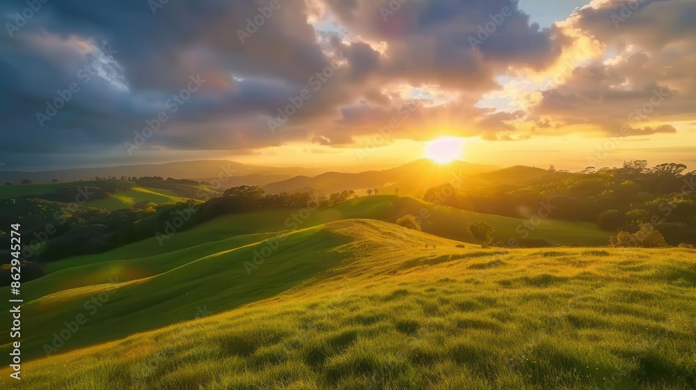 Fototapeta premium breathtaking sunrise over rolling hills and lush fields timelapse landscape