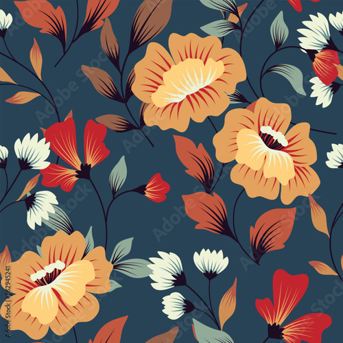 Seamless floral pattern, abstract ditsy print, vintage ornament in autumn, winter colors. Beautiful botanical design: hand drawn large wild flowers, leaves, herbs on a dark blue. Vector illustration.