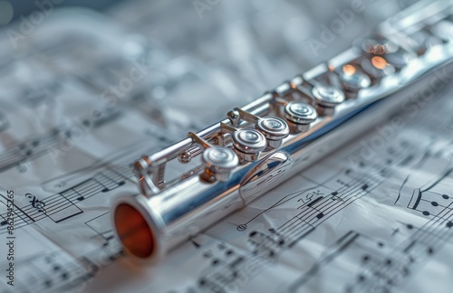 Silver Flute Resting On Sheet Music With Bokeh Lights
