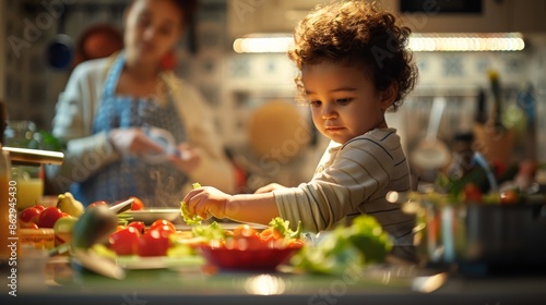 Curious Multiracial Toddler Helping with Salad Preparation in Kitchen with Mother. Generative ai
