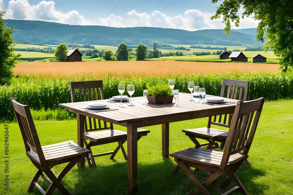 Outdoor dining table with wooden furniture. Generative ai Outdoor dining table with wooden furniture. Generative ai