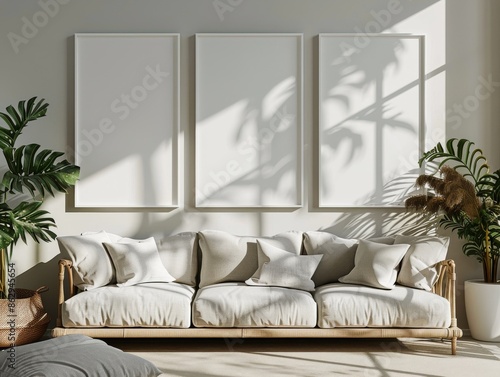 Modern Living Room With White Sofa And Three Empty Picture Frames