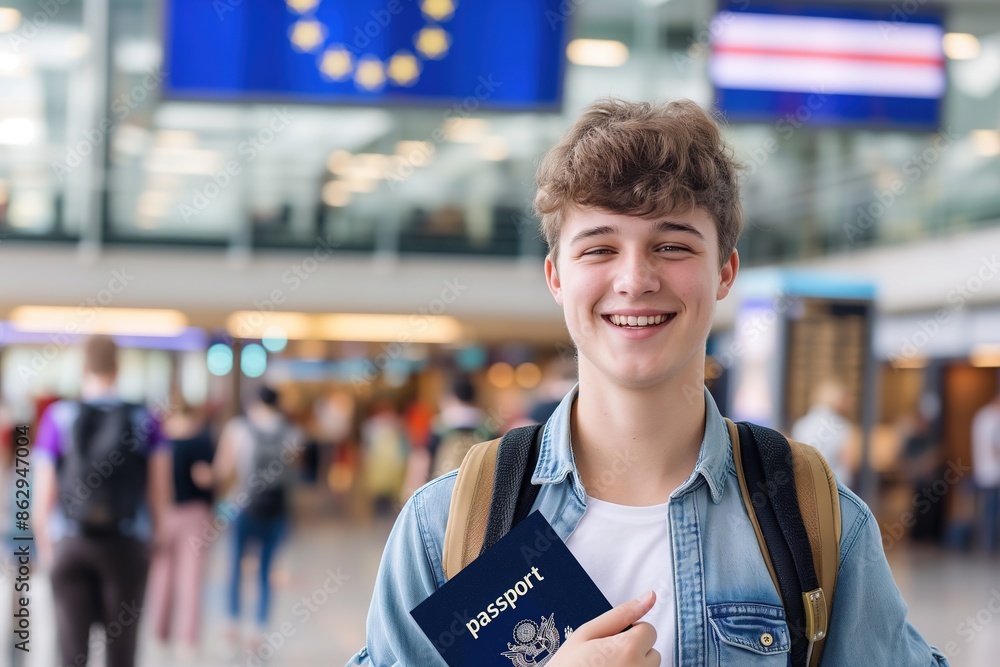 Naklejka premium A young student wearing summer clothes smiles while holding his passport in an airport.