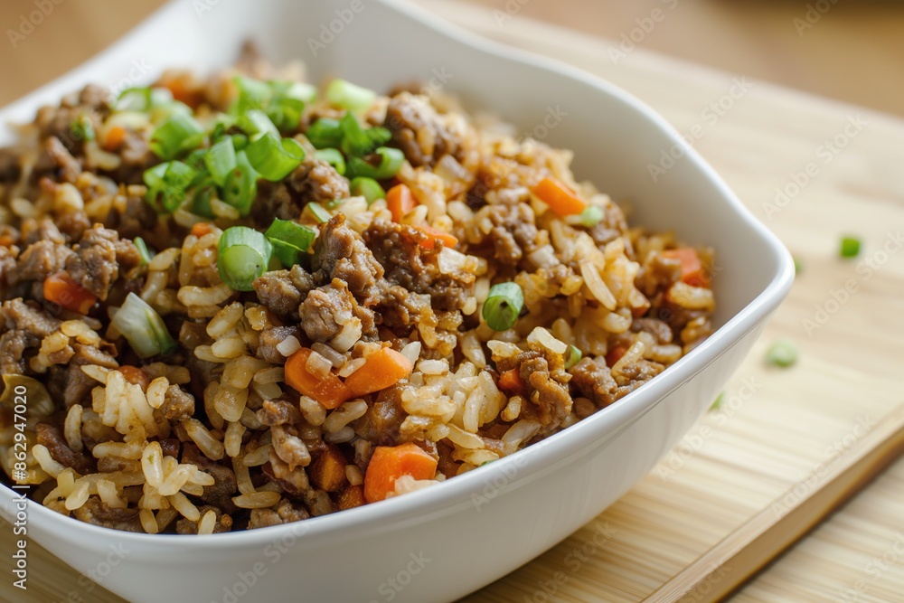 A close-up shot of a white bowl filled with beef and rice stir-fry, garnished with green onions. A close-up shot of a white bowl filled with beef and rice stir-fry, garnished with green onions.