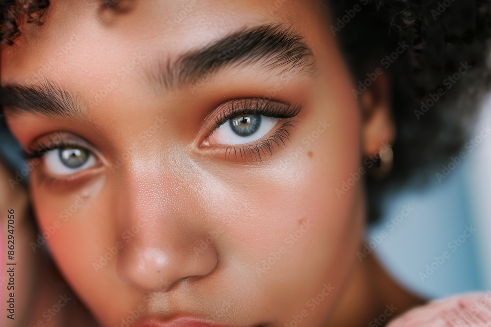 A close-up shot of a womans eye, showcasing her blue eyes and natural beauty. A close-up shot of a womans eye, showcasing her blue eyes and natural beauty.