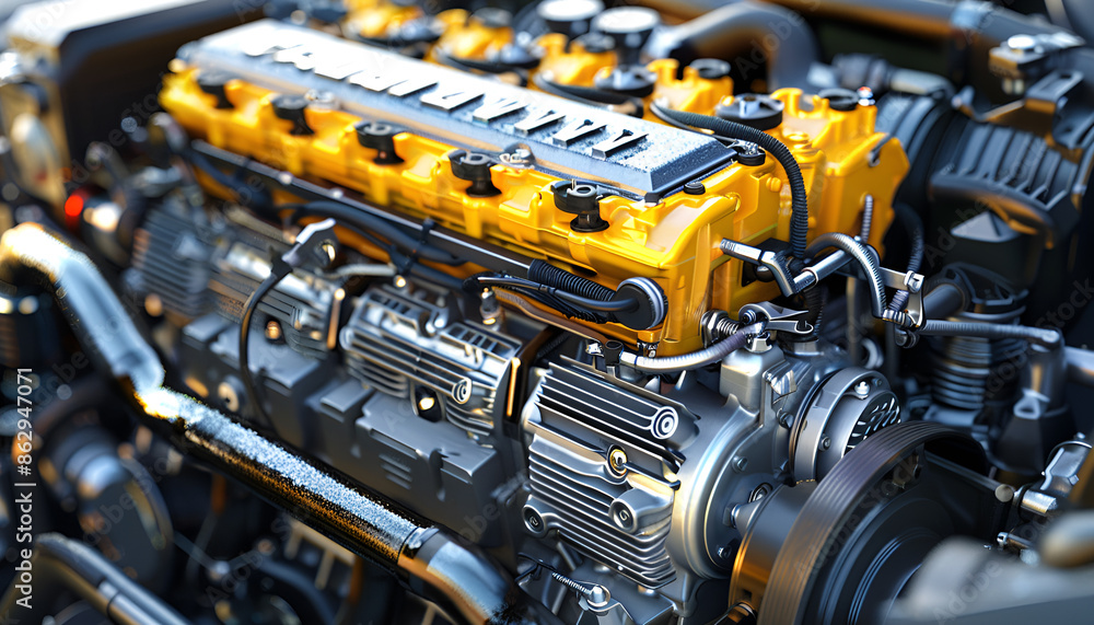 Fototapeta premium engine repair. cylinder head in the workshop, Car engine on grey background