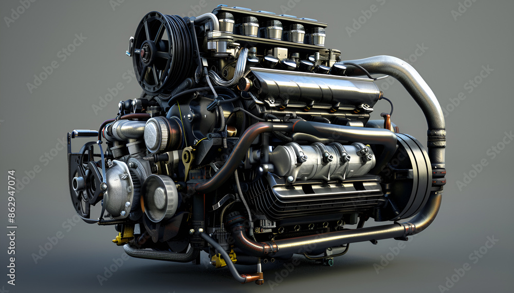engine repair. cylinder head in the workshop, Car engine on grey background engine repair. cylinder head in the workshop, Car engine on grey background
