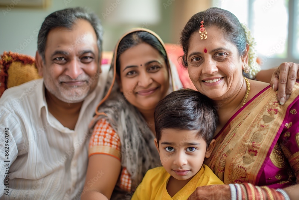 A close-up portrait of an Indian family, with a young boy in the center, surrounded by his loving parents and grandparents. A close-up portrait of an Indian family, with a young boy in the center, surrounded by his loving parents and grandparents.
