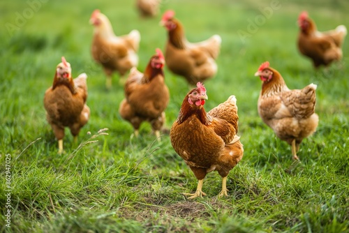 A group of chickens roam a grassy field during an avian flu outbreak.